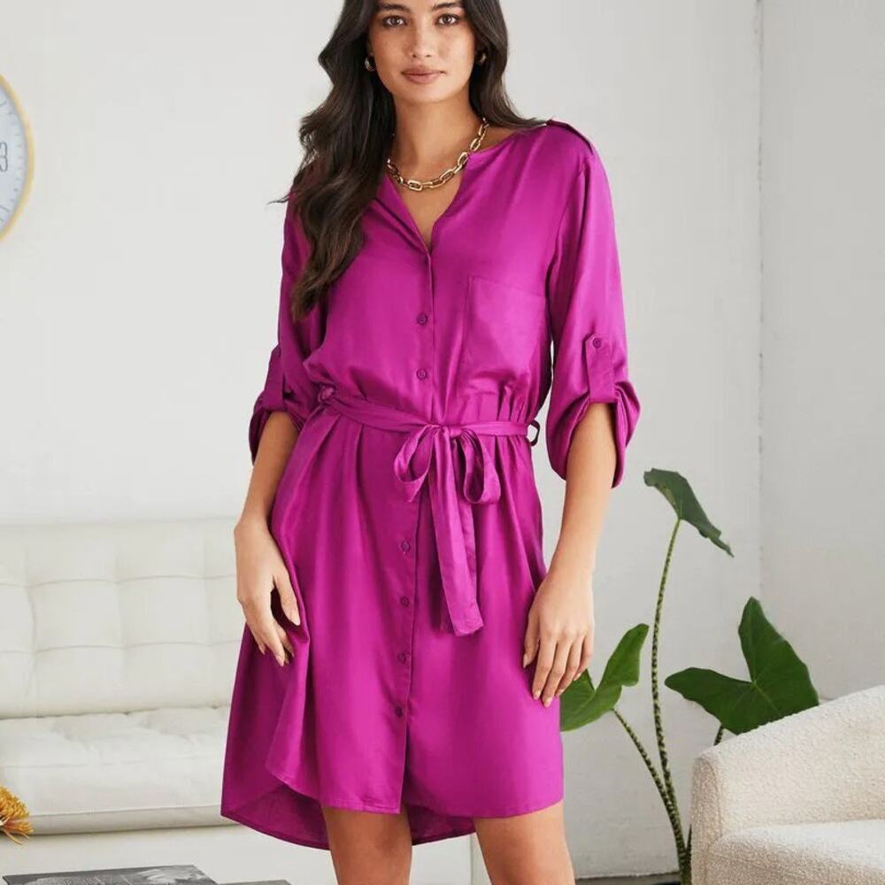NWT LULUS High-Low Button-Up Belted Mini Shirt Dress (Fuchsia | Size XS)